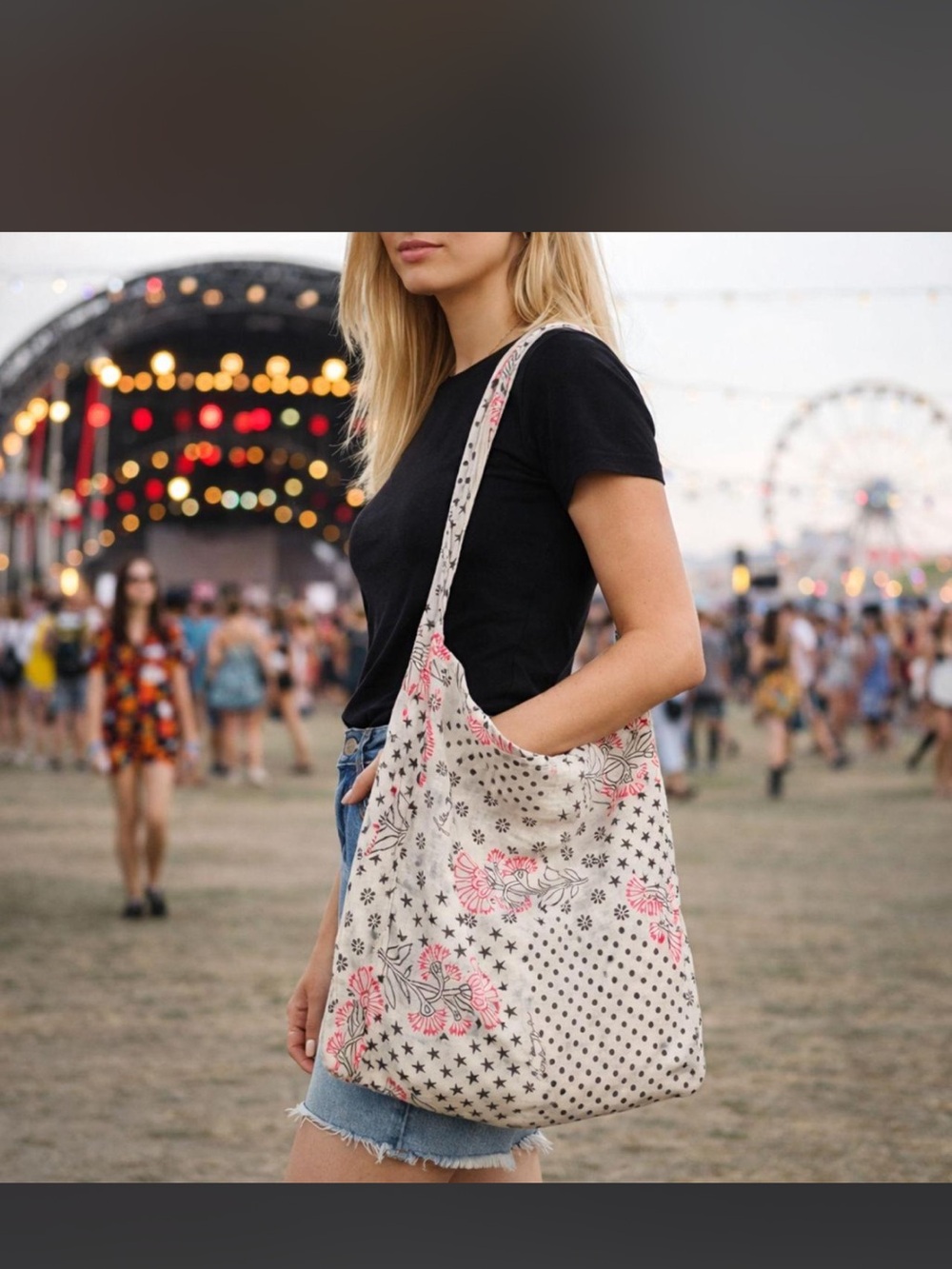 Free People Cream woven Shoulder Bag with Pink Floral Print